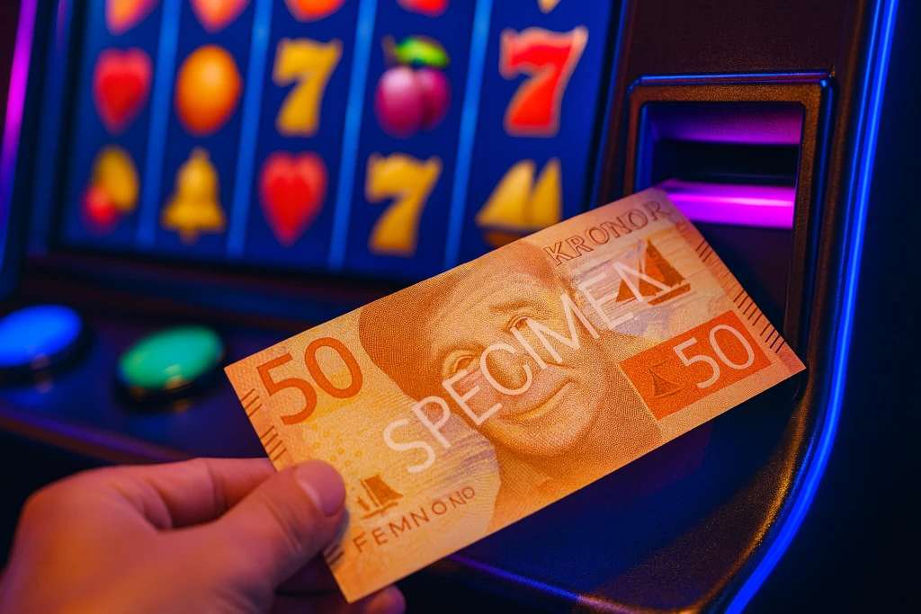 En fiktiv 50-kronorssedel på väg att sättas in i en casinoautomat